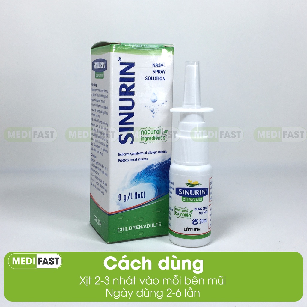 Xịt thông mũi Sinurin chai 20ml giảm ngạt mũi xoang, dị ứng thời tiết của dược Cát Linh từ muối biển ưu trương