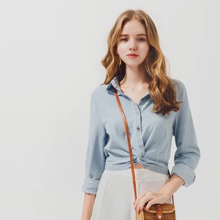 Áo sơ mi denim xoắn eo trước nữ Air Space 2010121010