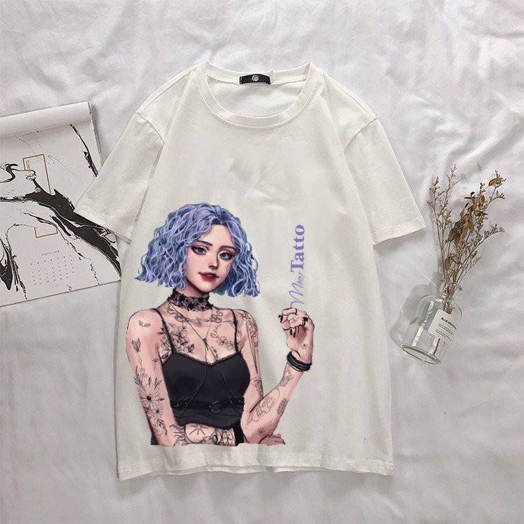Áo thun tay lỡ Cô bé Tatto tóc xanh, form rộng phông nam nữ unisex, phong cách trẻ Hàn quốc hot trend