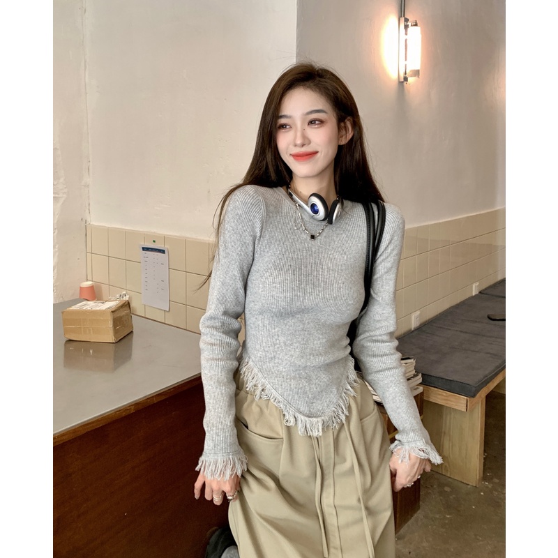 Porozi  Áo sweater dệt kim  tay dài màu đen phong cách Hàn Quốc thời trang cho nữ