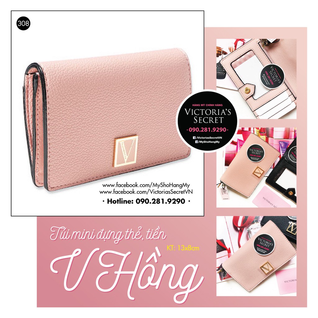 (Bill Mỹ 308) Ví hồng mini thời trang, có nhiều ngăn nhỏ đựng thẻ, tiền, KT: 13x8cm - hàng nhập Victoria's Secret USA