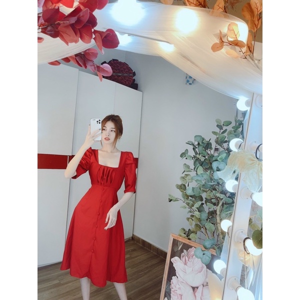 ĐẦM CỔ VUÔNG TAY PHỒNG CÚC BỌC FREESIZE