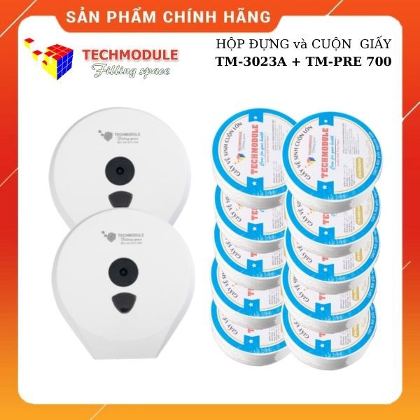 Hộp đựng giấy cuộn lớn TM-3023A màu trắng và 10 cuộn giấy vệ sinh Techmodule TM-PRE 700g-Loại 3 lớp