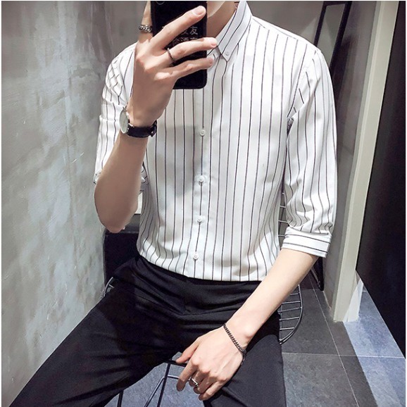 Áo sơ mi tay dài họa tiết kẻ sọc phong cách Hàn Quốc thời trang cho nam