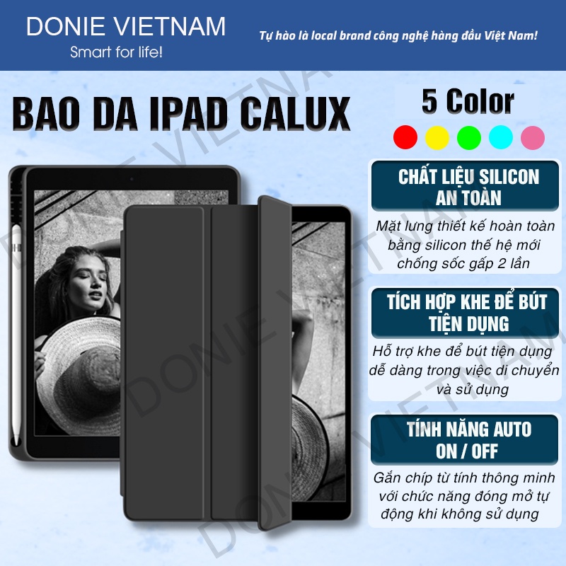 Bao Da Thông Minh Cho Ipad Phiên Bản Có Khay Đựng Bút Chính Hãng Donie 100% Viền Silicon