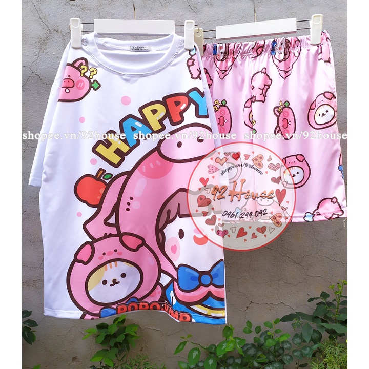 Đồ bộ cartoon hoạt hình bé heo hồng tay lỡ form rộng / Set bộ unisex freesize