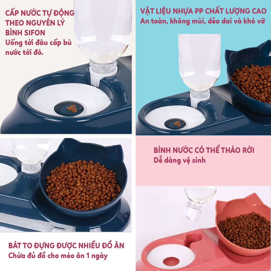 Bát ăn cho mèo chó thú cưng có đế chống lật chống gù và bình nước tự động bằng nhựa hình tai mèo