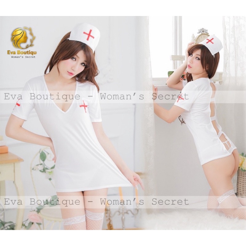 _DN24_Bộ cosplay y tá trắng thun co giãn hở lưng