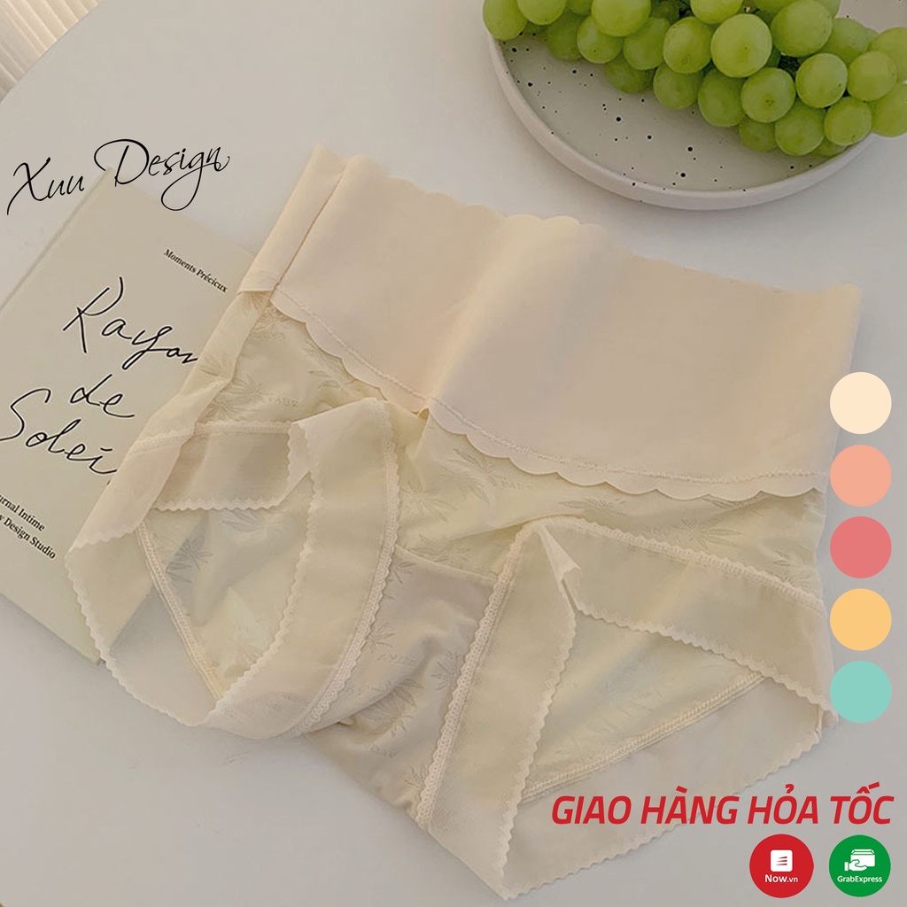 Quần lót nữ cạp cao hỗ trợ gen bụng định hình eo XUU vải ren gấm phối cạp su viền lượn sóng mềm mại - GB16