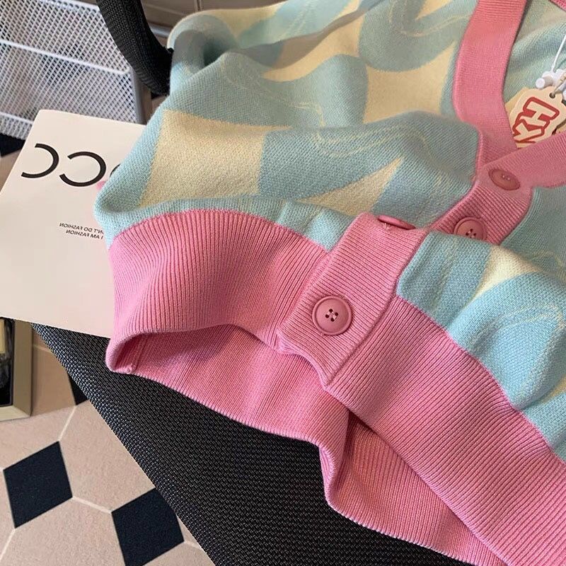 Áo khoác cardigan Pure Cube họa tiết hình thoi màu sắc tương phản thời trang thu đông phong cách Hàn Quốc cao cấp cho nữ