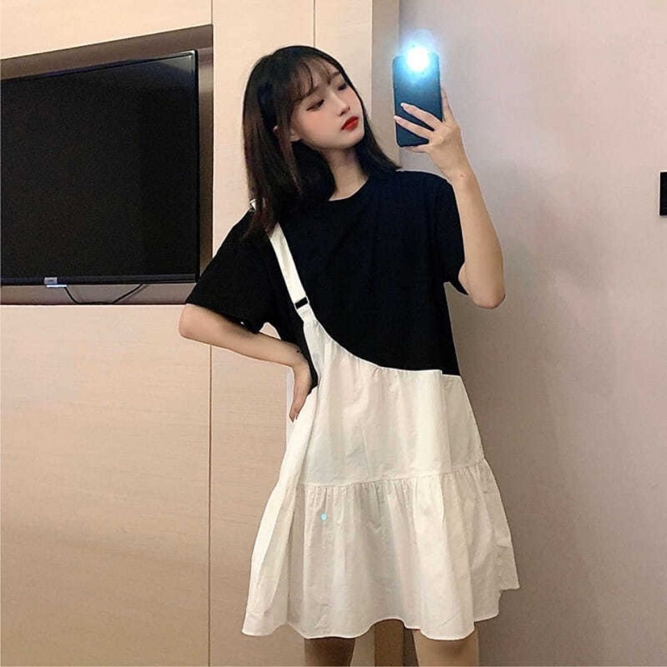 Đầm Giả Hai Mảnh Ghép Màu Tương Phản Thời Trang Mùa Hè Mới 2022 Dành Cho Bạn Nữ Sinh