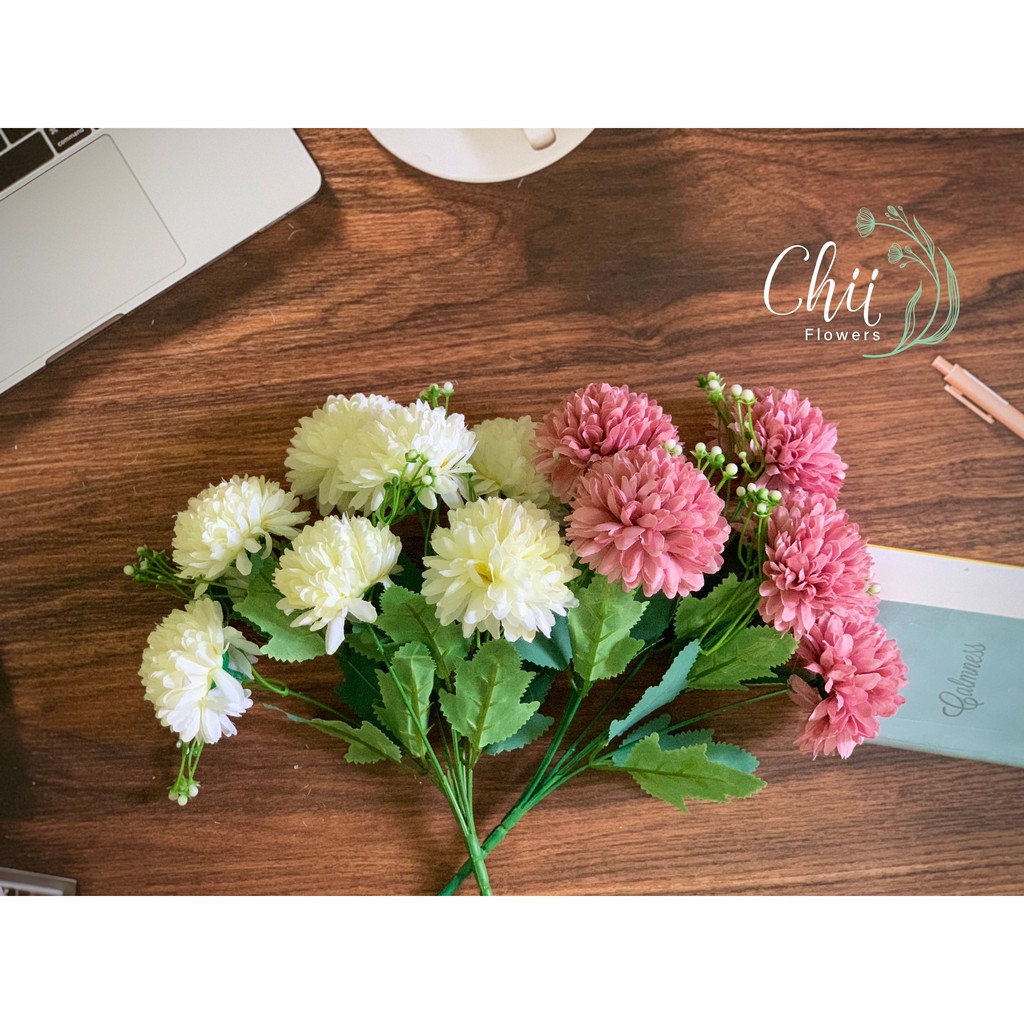 Hoa giả hoa lụa - Cụm cúc cầu nhập khẩu cao cấp trang trí nội thất đẹp Hà Nội Chiiflower CH37
