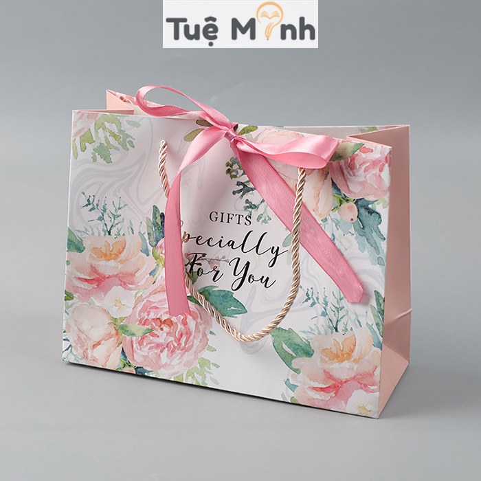 Túi giấy đựng quà họa tiết hoa hình chữ nhật, túi quà thắt nơ quai lụa xinh xắn