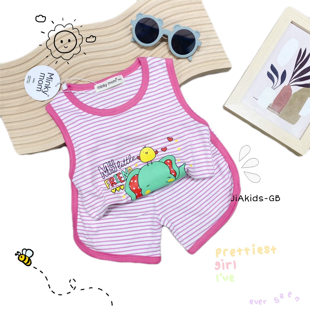 Bộ Ba Lỗ COTTON HÀN MINKY MOM Vải Sọc Bo Viền In Hình Dễ Thương Cho Bé BL-IN27