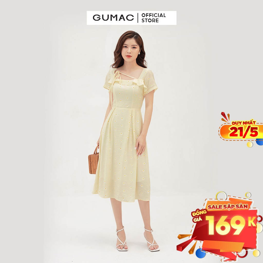 [Mã MABR07062 giảm 8% tối đa 50K đơn từ 249K] Đầm xòe nữ cổ vuông bèo GUMAC màu vàng, đủ size DB3100 | BigBuy360 - bigbuy360.vn