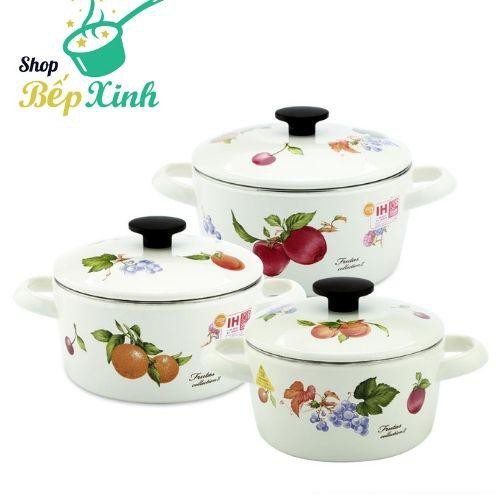 Bộ 3 nồi tráng men Nhật Bản cao cấp Fujihoro.Nhập khẩu Thái Lan - .Tặng 1 vá canh và 5 muỗng inox