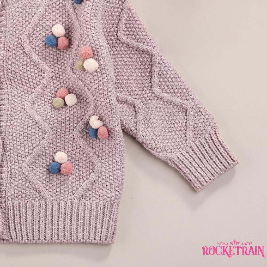 Áo khoác cardigan dệt kim tay dài đính quả bông thời trang mùa thu cho bé gái