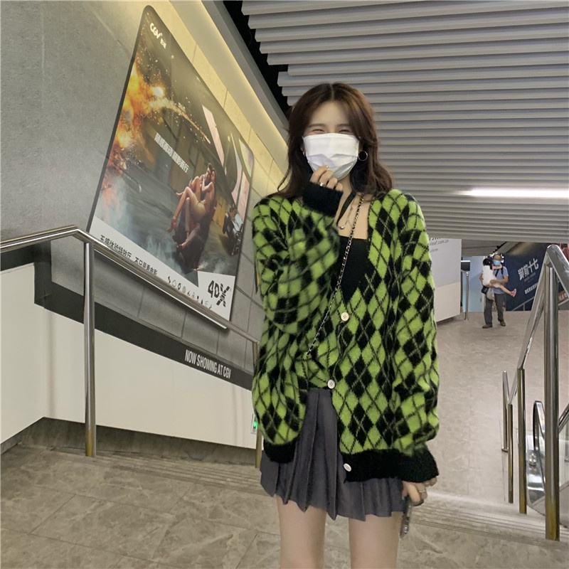 Áo Khoác Cardigan Dệt Kim Tay Dài Dáng Rộng Họa Tiết Kim Cương Thời Trang Hàn Quốc | BigBuy360 - bigbuy360.vn