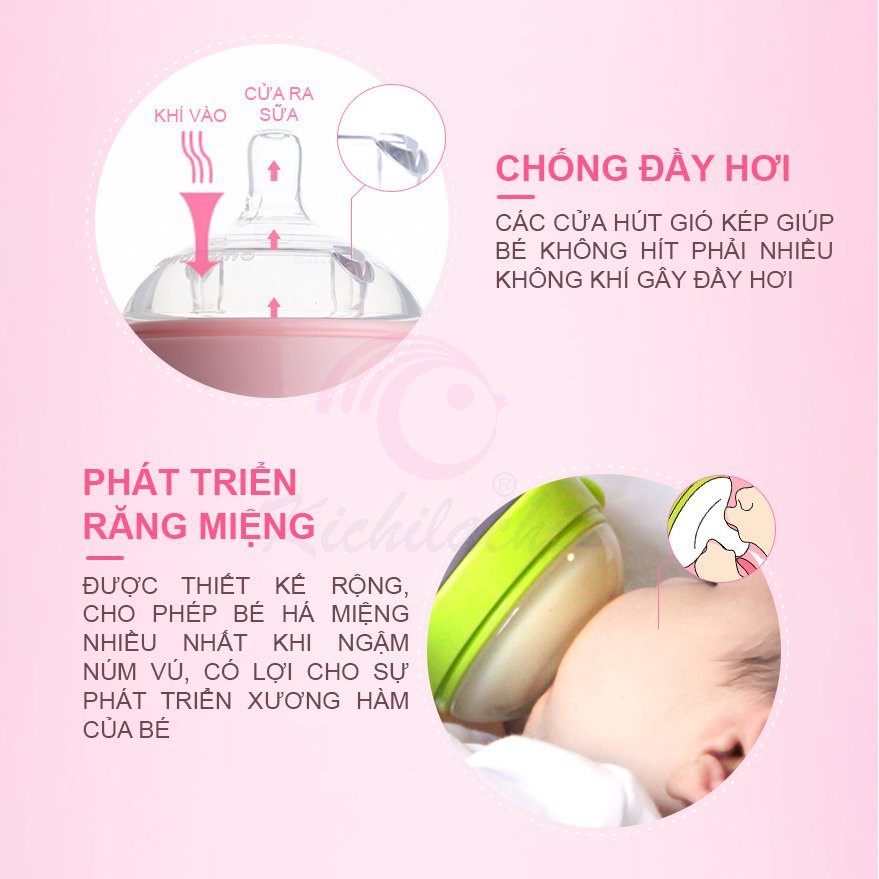 Combo 2 núm ti bình sữa Natural Kichilachi cổ rộng silicone cao cấp, siêu mềm, mô phỏng bầu vú mẹ