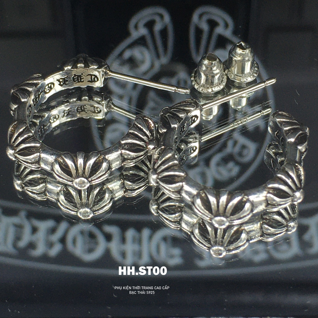 Khuyên tai Chrome heart, khuyên tai bạc tròn ,hoa tai họa tiết 5 bông nổi , Trang sức bạc cao cấp HHST00 Mã K0009