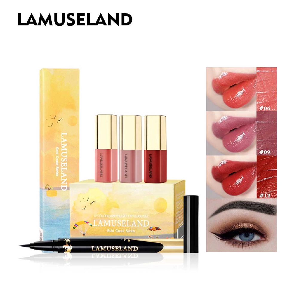 LAMUSELAND Makeup Lip Gloss and Waterproof Black Eyeliner Pen LAS402 Set 12Pcs/Set | BigBuy360 - bigbuy360.vn