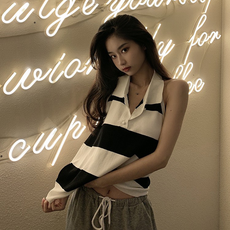 Áo Dệt Kim Cổ Yếm Dáng Rộng Kẻ Sọc Trắng Đen Thời Trang