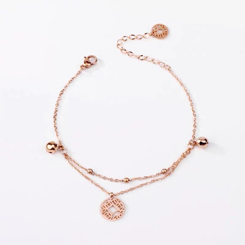 Lắc Chân Hai Lớp Bằng Thép Titan Mạ Vàng Hồng 18K Chống Nước Không Gây Dị Ứng Không Phai Màu Phong Cách Hàn Quốc Đơn Giản Cho Nữ