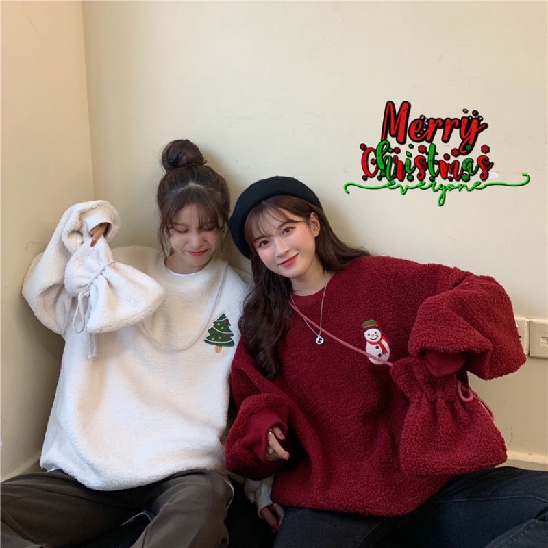 Áo Sweater Len Bông Tay Dài Form Rộng Tặng Kèm Túi Y Hình Mùa Đông Giáng Sinh Noel Cực Xinh