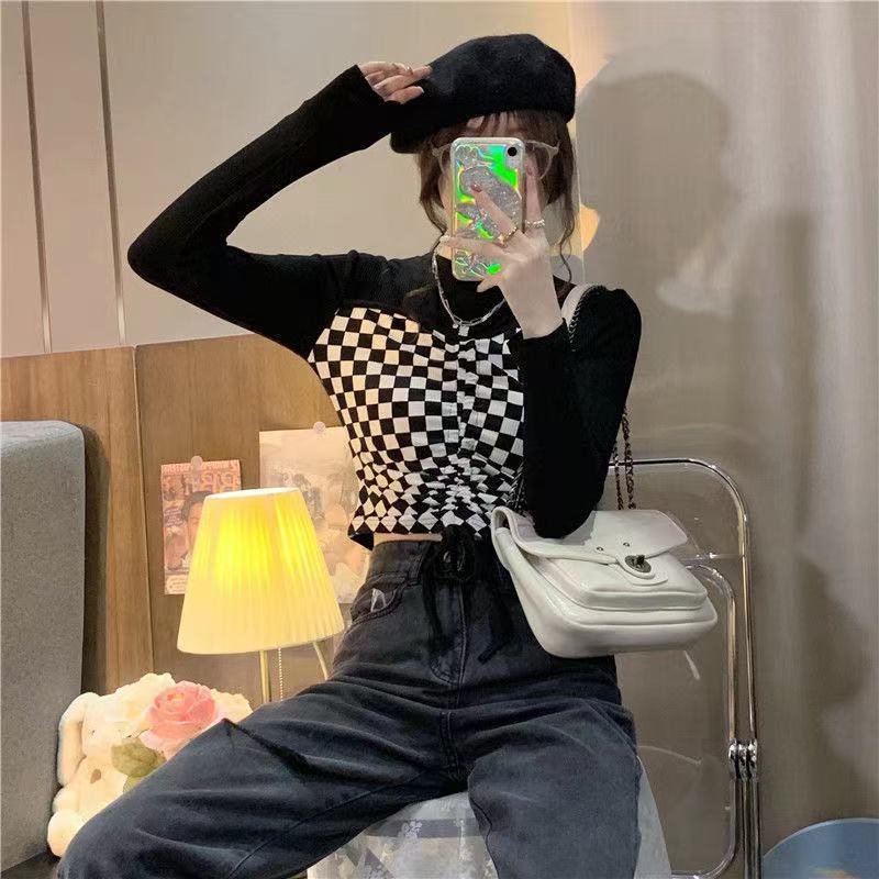 T-shirt short Black close-fitting design niche women's top long sleeve new early autumn fake two-piece inner base shirt GMKu