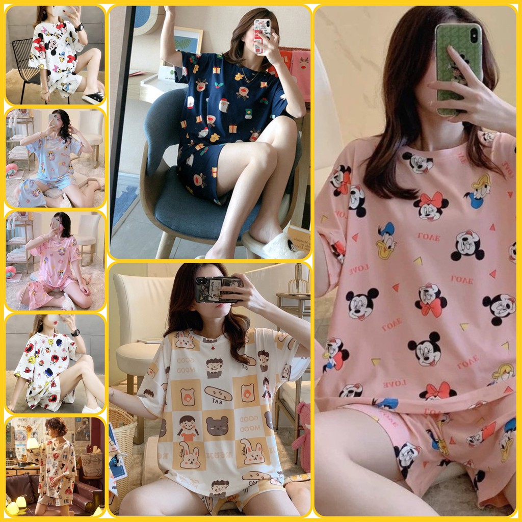 Bộ Đồ Ngủ Ngắn Tay Dáng Rộng Kiểu Hàn Quốc Thoáng Mát Thiết Kế Ngọt Ngào Cho Nữ ONEZ01