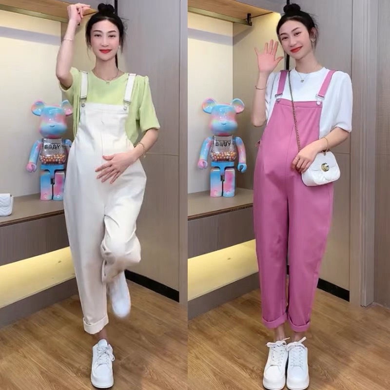 Set Áo Thun Ngắn Tay Và Quần Yếm Dáng Rộng Thời Trang Cho Mẹ Bầu