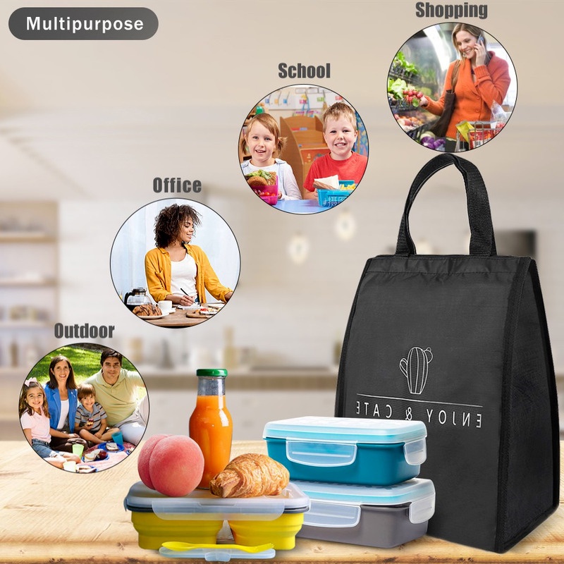 1 Túi Đựng Cơm Trưa Cách Nhiệt Chống Thấm Nước Họa Tiết Cây Xương Rồng Màu Đen