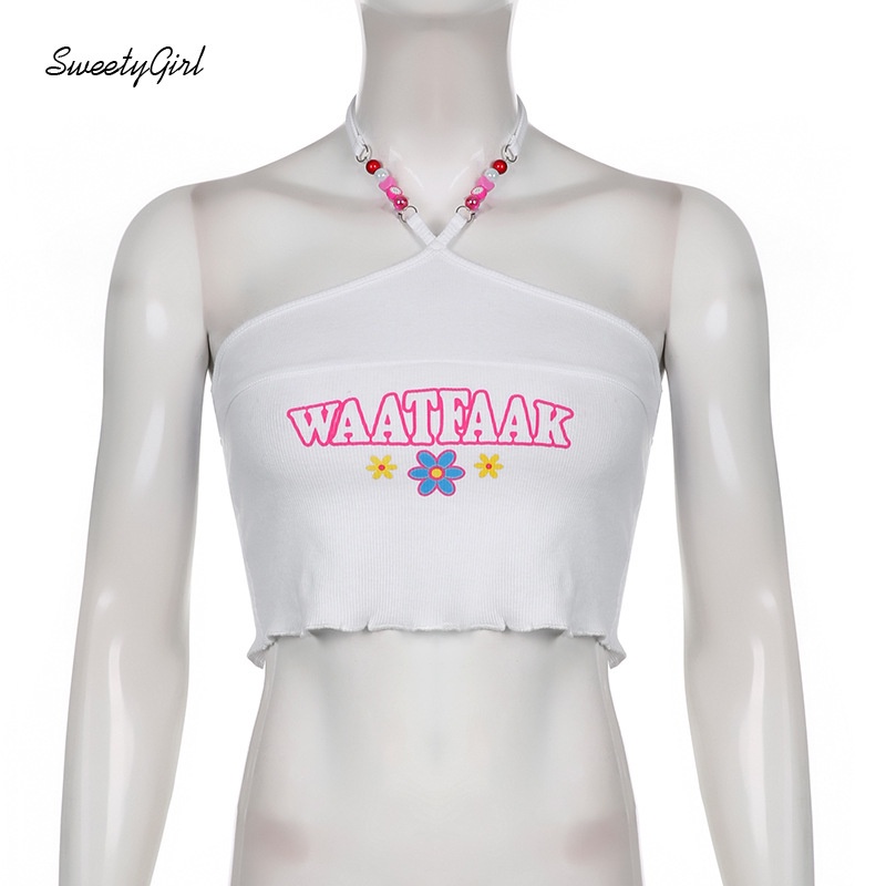 Áo Hai Dây Đính Hạt In Chữ Hoạt Hình Hở Vai Thời Trang Cho Nữ