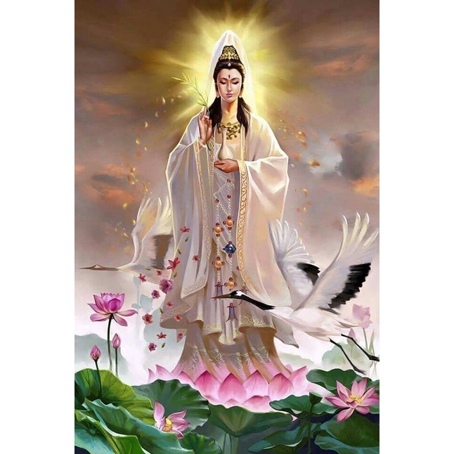 Tranh đính đá toàn bộ tự làm -Tranh phật quan âm bồ tát