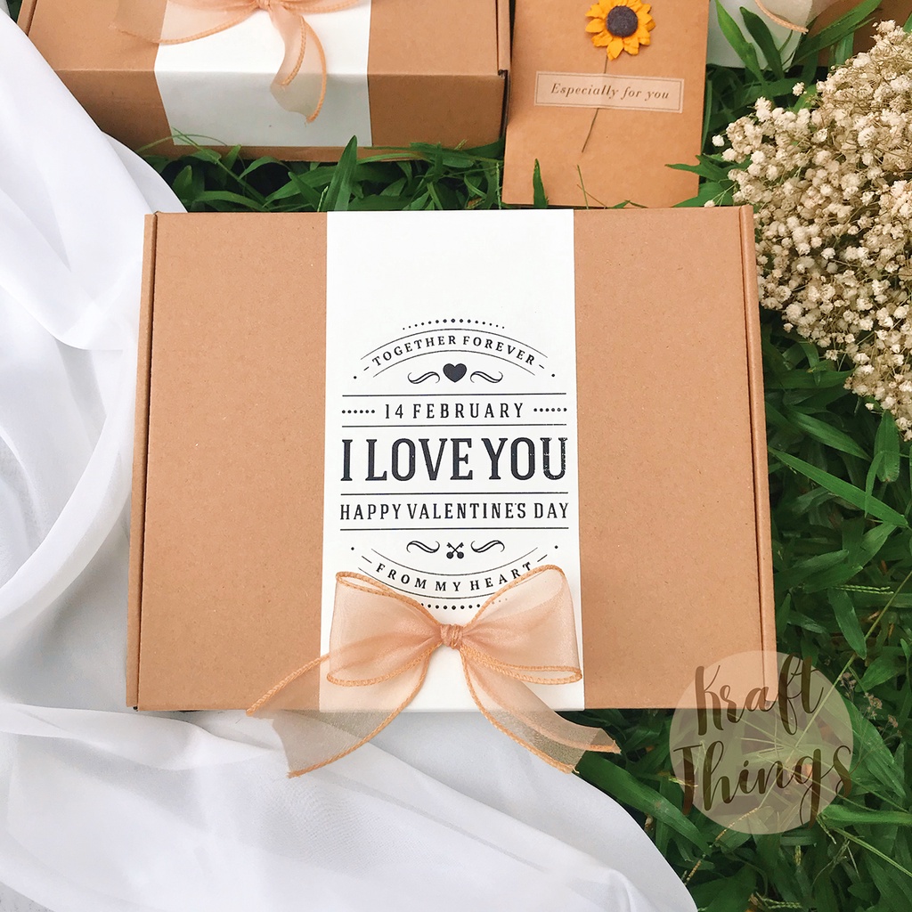 Hộp đựng quà kraft Happy Valentines Day - Hộp quà tặng 14/2, lễ tình nhân kèm rơm lót