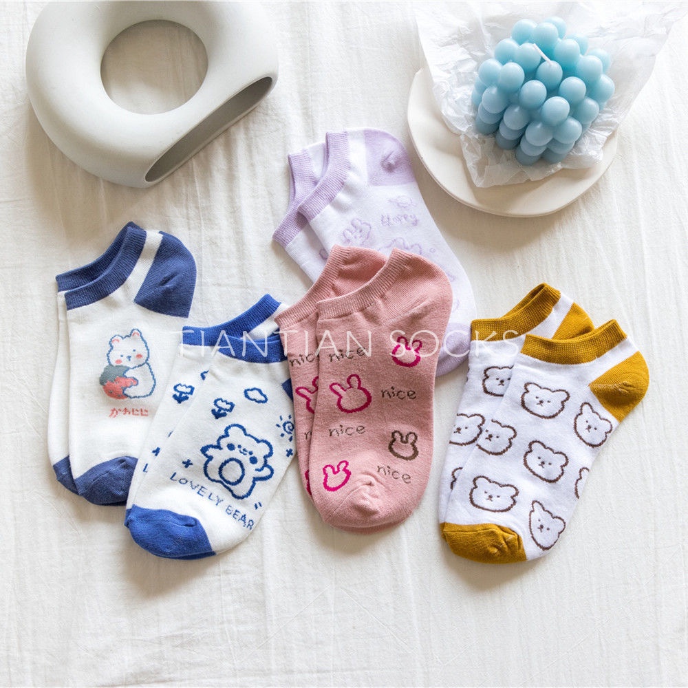 TIAN TIAN T192 Vớ Thể Thao Bằng Cotton Tất ngắn cổ Pu Thoáng Khí In Hình Gấu Hoạt Hình Miệng Nông Phong Cách Nhật Bản Dễ Thương Cho Nữ