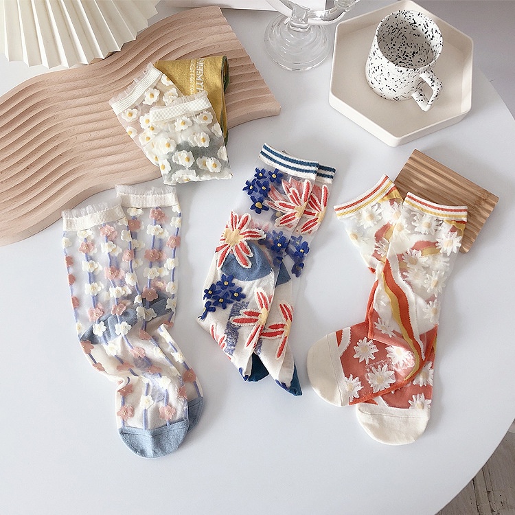 WAFNHA D419 Vớ Nữ Trong Suốt Họa Tiết Hoa Lãng Mạn