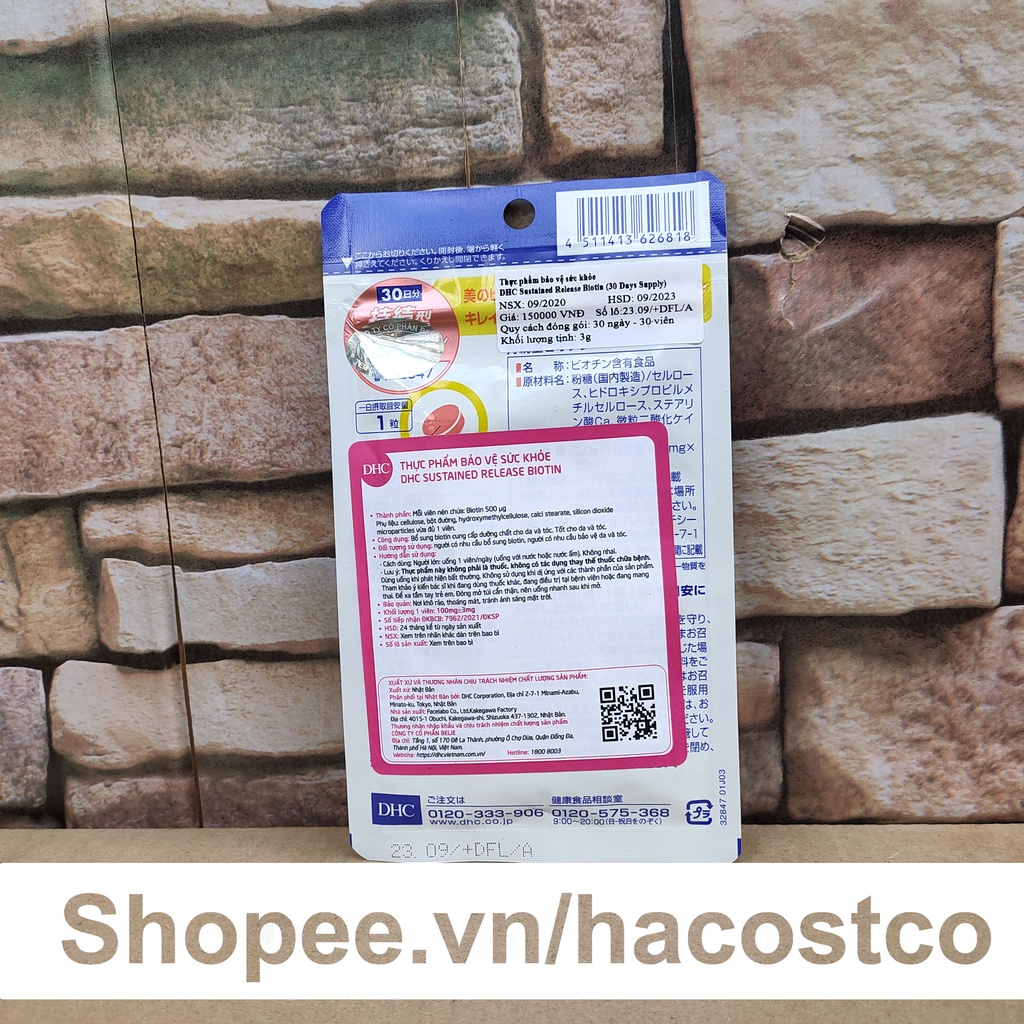 Viên uống DHC Sustained Release Biotin 500mcg µg 30 viên 30 ngày dùng - Hỗ trợ tóc móng khỏe