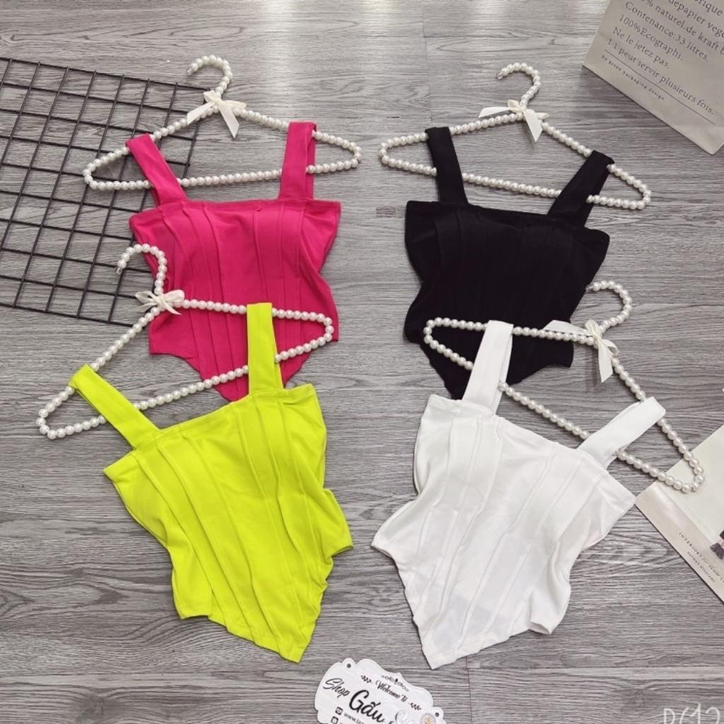 Áo hai dây bản to chạy viền dọc có sẳn mút ngực Xquin, Áo croptop 2 dây ôm body vạt nhọn siêu hack dáng