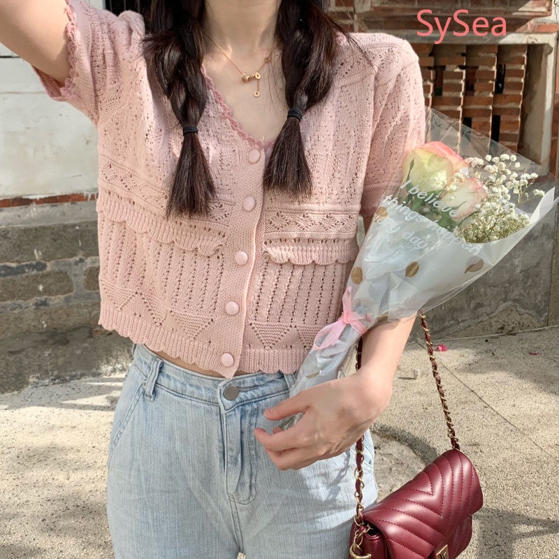 Áo dệt kim ngắn tay thời trang mùa hè nữ tính thanh lịch