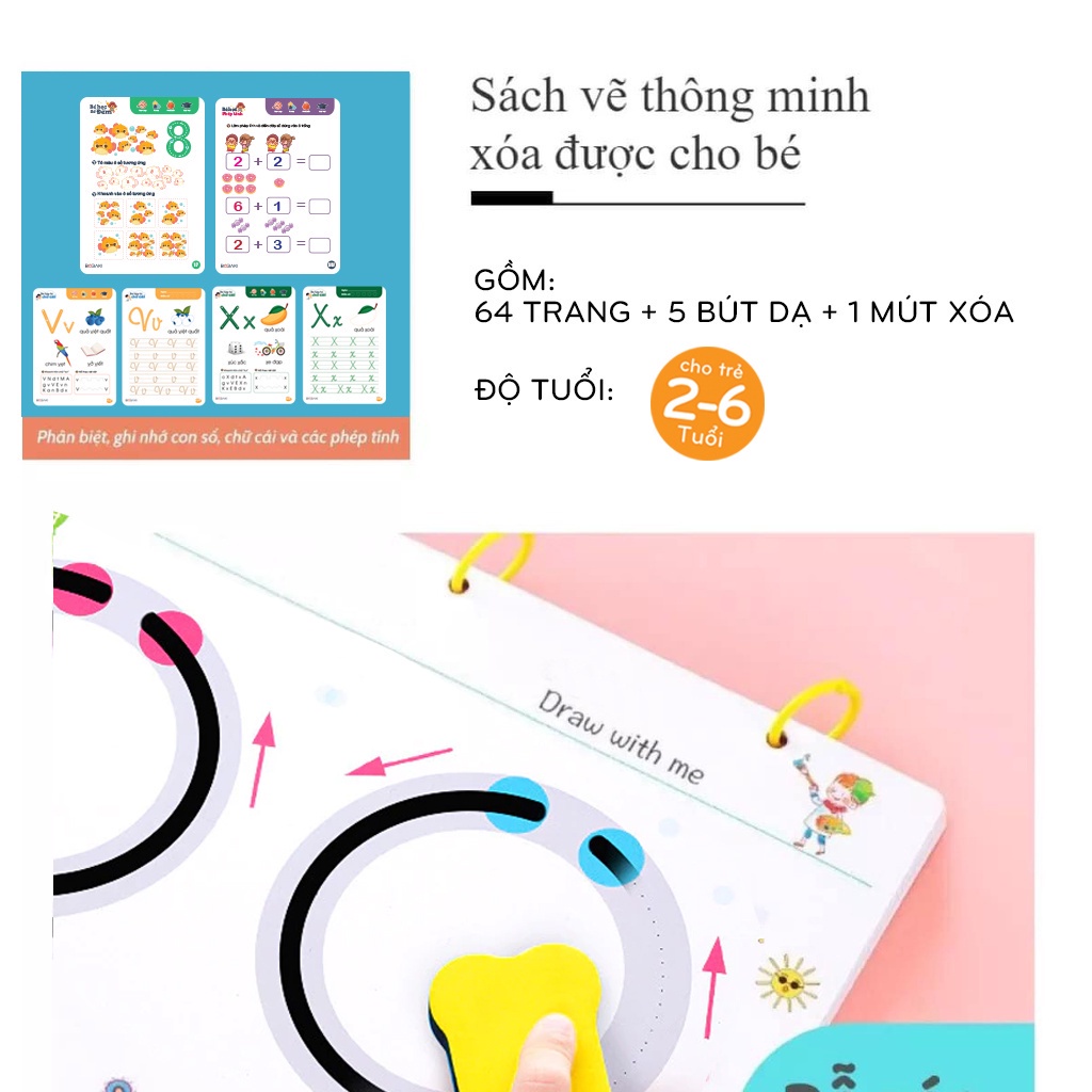 Sách Tập Viết Cho Bé Tập Tô Vẽ 64 Trang Có Thể Xóa Thông Minh, Tặng Kèm Bút Viết Và Mút Xóa