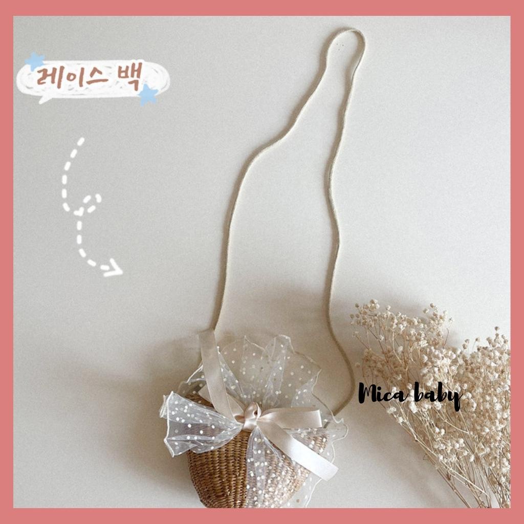 Túi cói đeo chéo đính nơ voan bản to siêu cưng cho mẹ và bé Mica Baby TC07