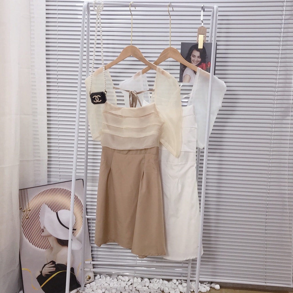 Váy dáng dài tay bồng  - Váy cổ vuông xếp ly bèo ngực dáng Babydoll nhẹ nhàng dễ thương để dự tiệc sam_sam_shop_1011