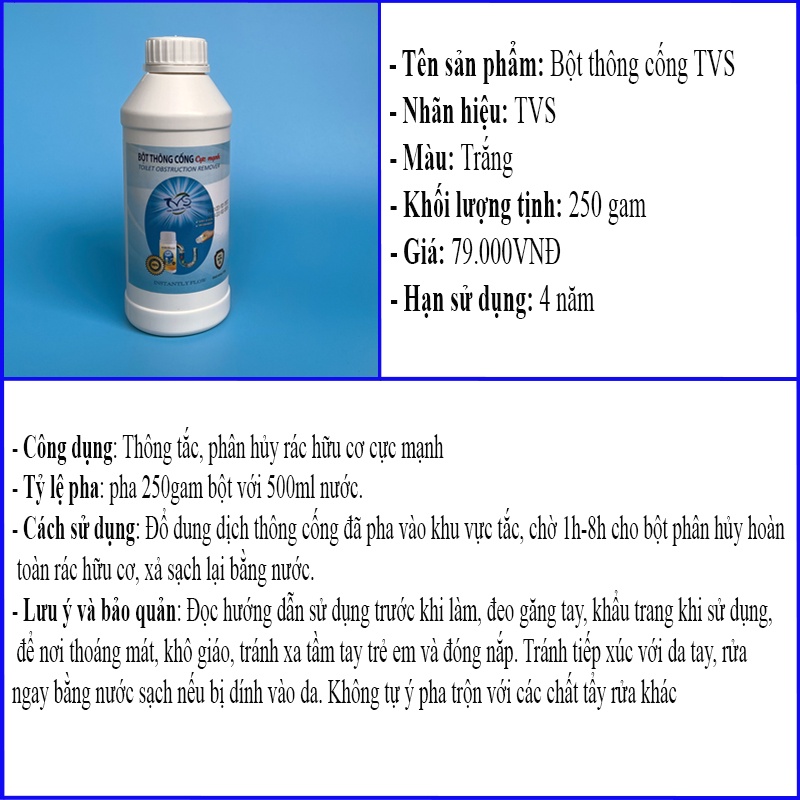 Combo 2 chai bột thông cống cực mạnh TVS loại lớn 350 gam, bột thông tắc bồn cầu, chậu rửa, hầm cống, đường ống nước