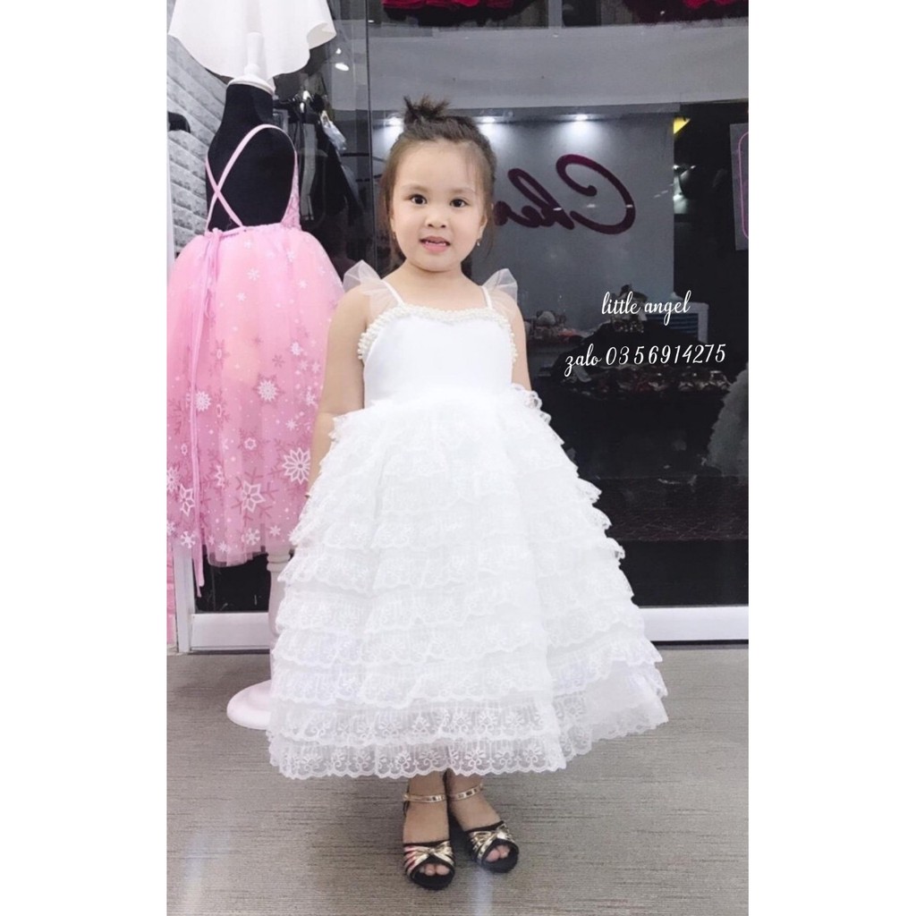 ĐẦM CÔNG CHÚA BÉ GÁI TRẮNG REN TẦNG HẠT CAO CẤP.