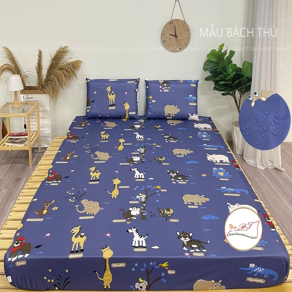 Bộ ga chống thấm cotton cho bé, drap chống thấm nước cao cấp kèm vỏ gối đầu và vỏ gối ôm mềm mịn mát (mẫu bách thú)