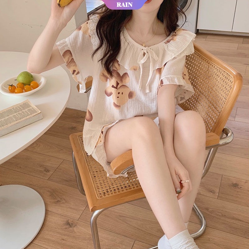 Bộ Đồ Ngủ Ngắn Tay Viền Bèo In Họa Tiết Hoạt Hình Gấu Dễ Thương + Quần Short Cho Nữ