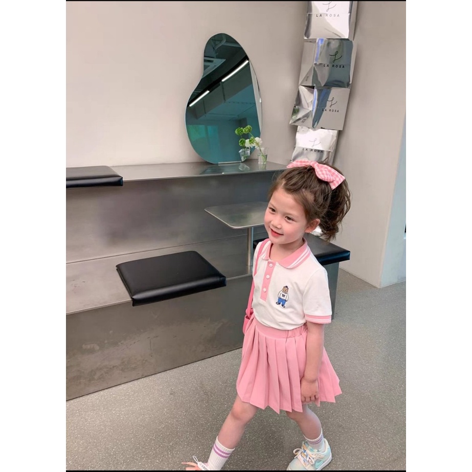 Đồng phục học sinh, váy cho bé gái, set áo polo kèm chân váy hồng xinh xắn cho bé size 12-32kg ( váy có lớp lót)