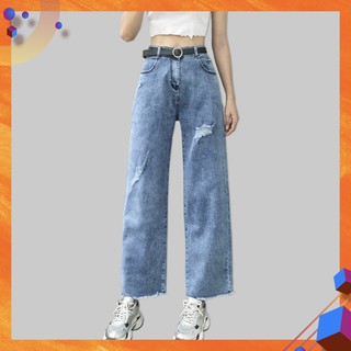 [Size 32-36] Quần Ống Rộng 9 Tấc Rách Nhẹ / Cao, Co Giãn / Bigsize