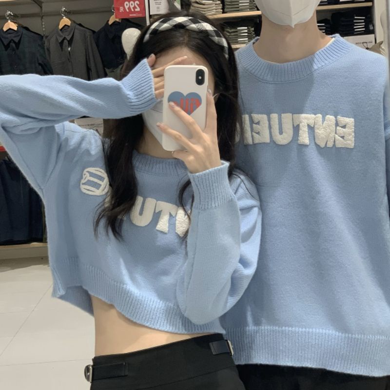 Áo Len Dệt Đôi Nam Nữ, Đồ Đôi Nam Nữ, Áo Len Croptop Cổ Tròn Phong Cách Hàn Quốc  ❤️